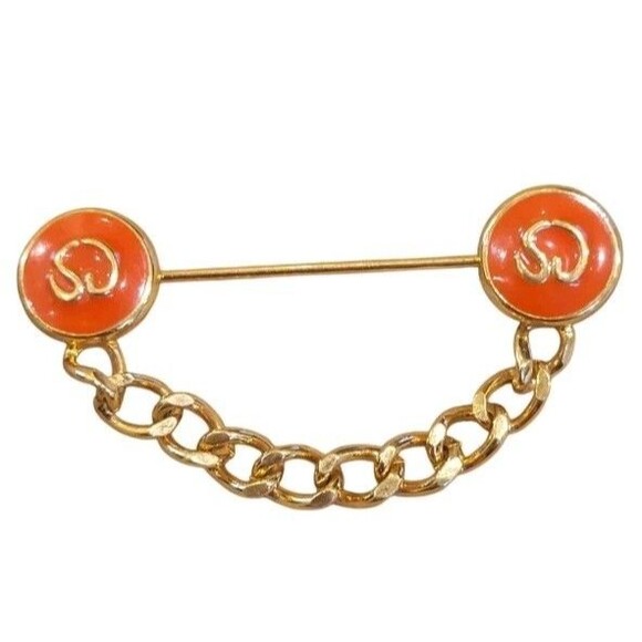 St. John Vintage Orange Collar Pin Brooch Logo SJ Chain Enamel Gold Tone 1990s - Picture 3 of 6